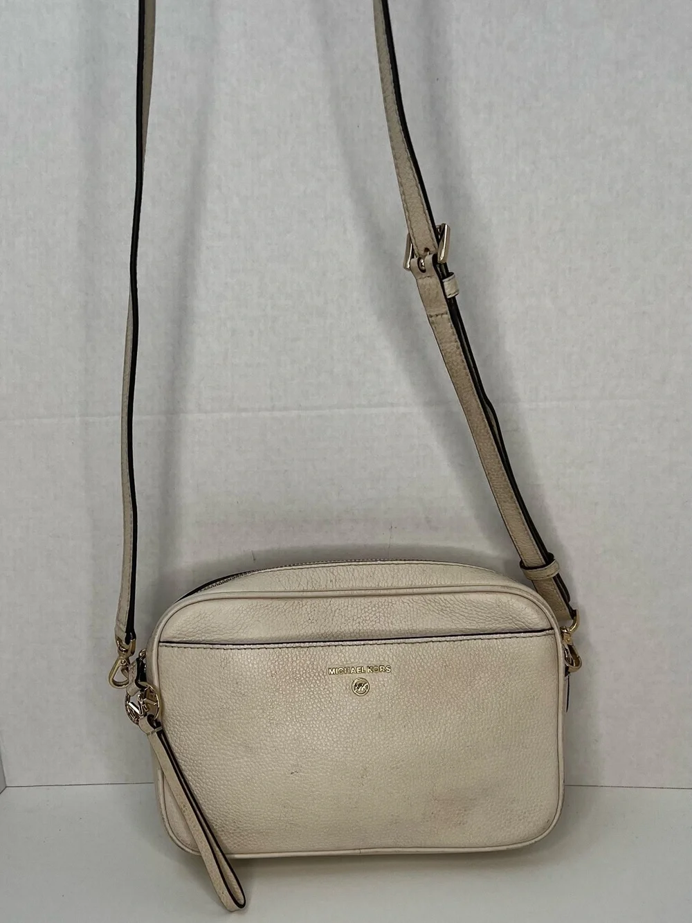Michael Kors Ivory Pebbled Leather Crossbody with Gold Logo